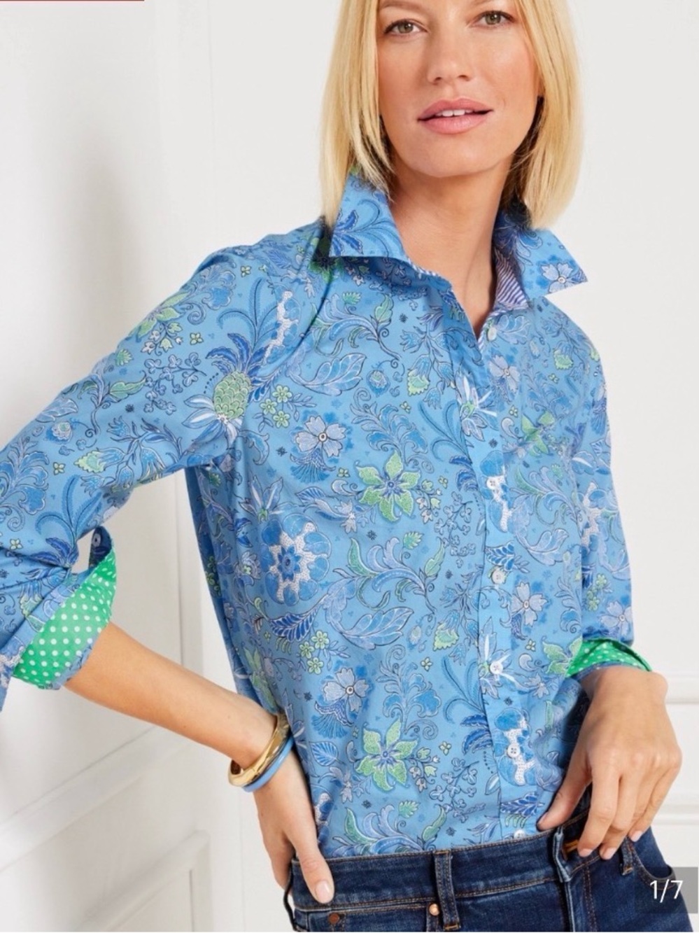 Talbots Blue Floral Button-Down Shirt with Green Accents